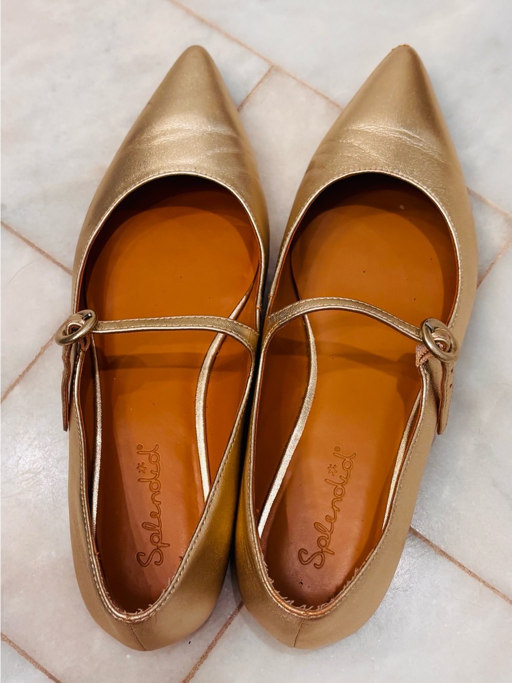 Splendid Metallic Gold Pointed Mary Jane Flats. Size 9.5 in mint condition